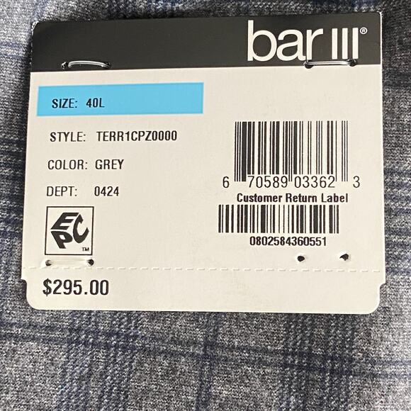 Bar III Men's 40 Long Blazer Slim Fit Stretch Grey & Blue Check NEW - Picture 11 of 11